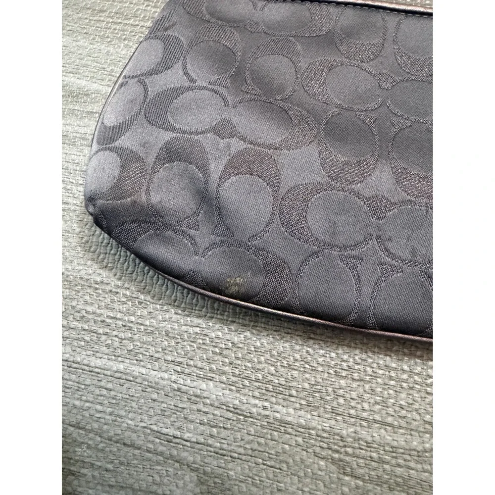 Coach Signature Wristlet Black Pewter Metallic Leather Trim Purple Lining